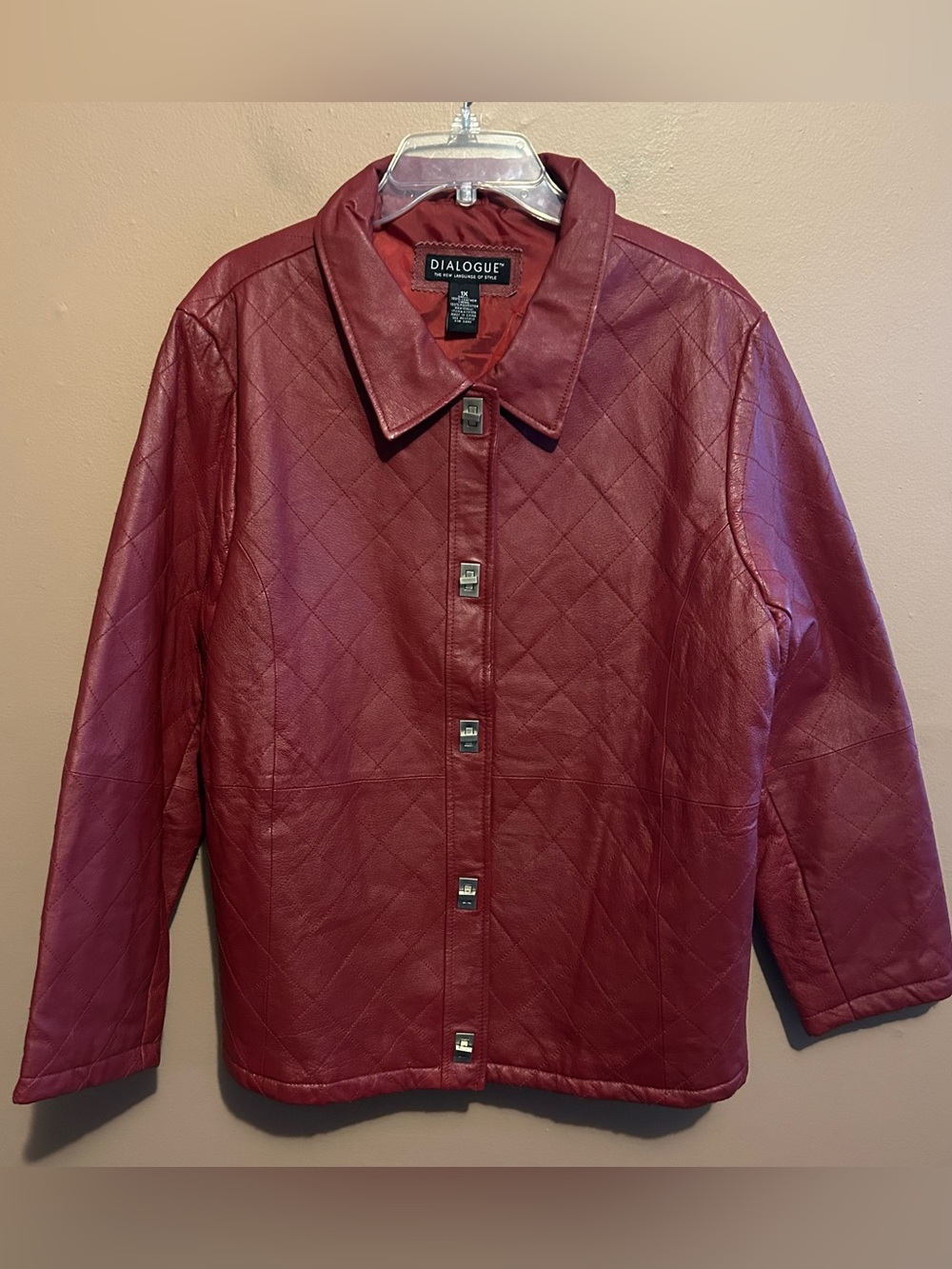 Dialogue 1X 100% Leather Jacket Red Diamond Stitch Design Toggle Turn Hardware